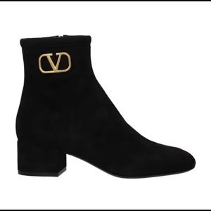 Black suede Valentino bootie with gold hardware